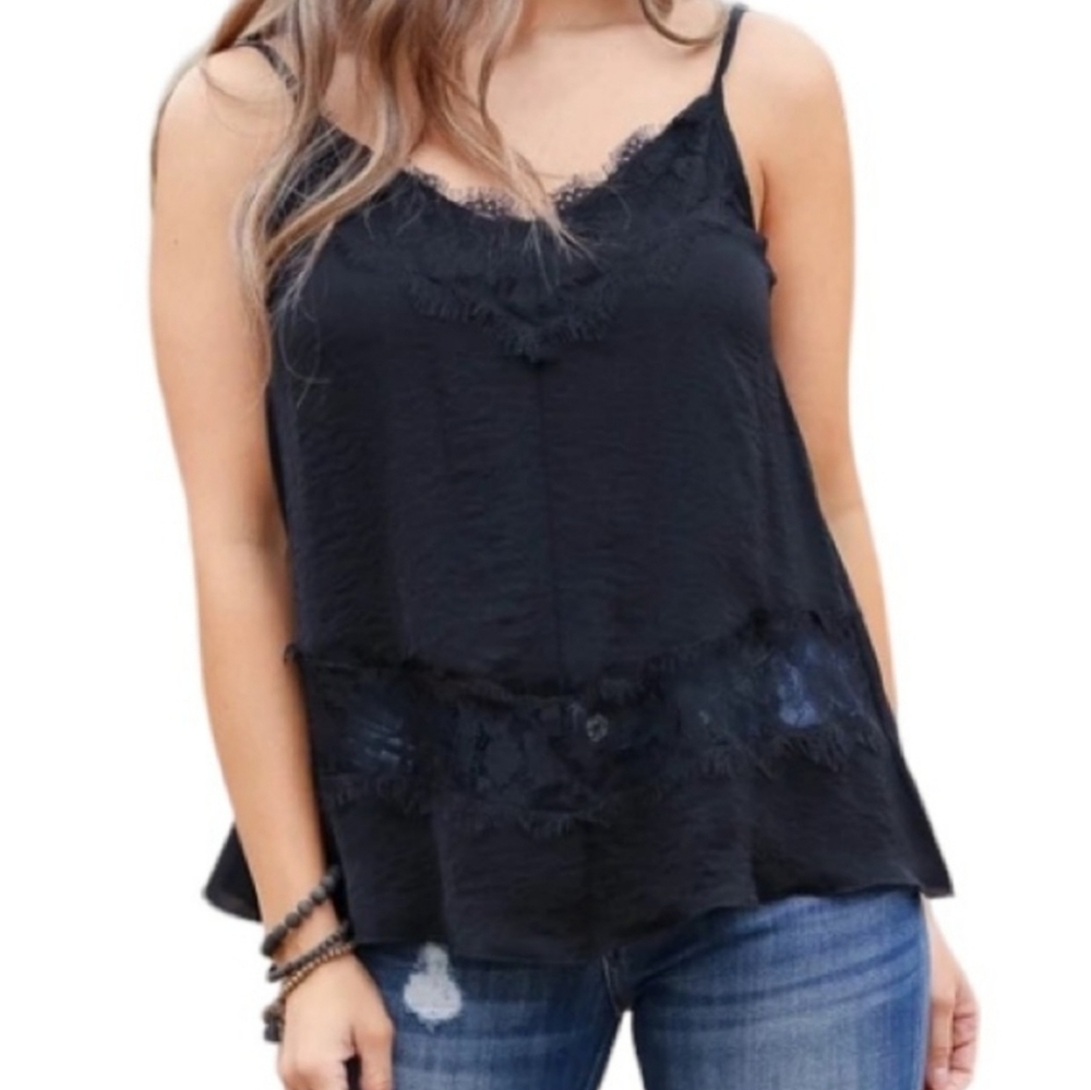 Promesa Black Micro Pleat Swiss Dot Lace Trim Overlay Camisole Tank Top Sz Large